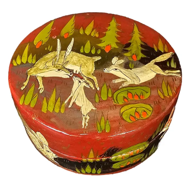 Papier Mache Circular Trinket Box Kashmir Hand Painted Scene with Deer Lacquer