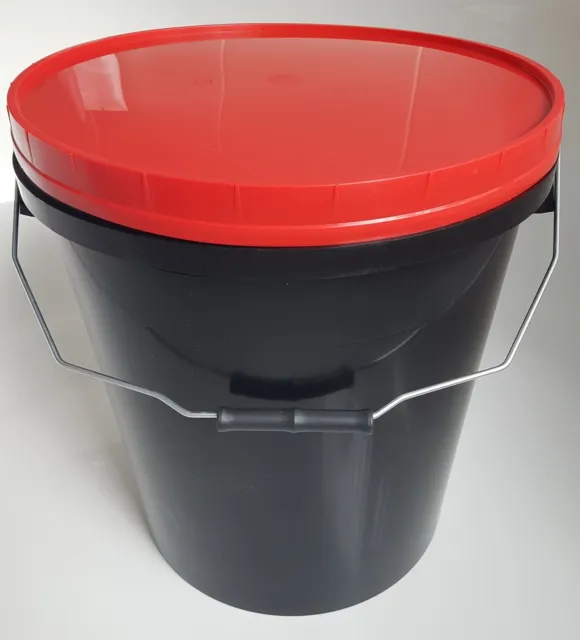 20 L Ltr Litre Black Plastic Bucket Container w RED Lid & Metal Handle FoodSafe