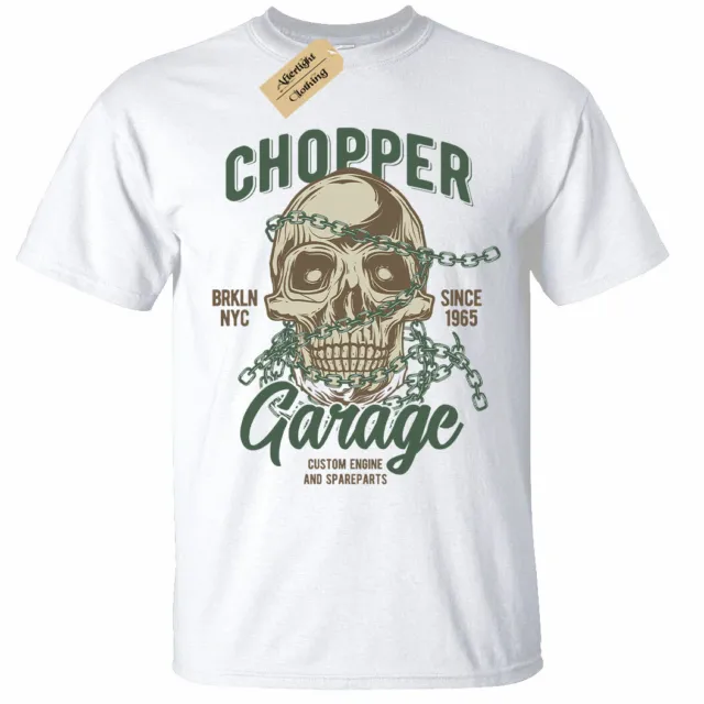 Chopper Garage T-Shirt Mens Skull biker motorcycle rider motorbike white