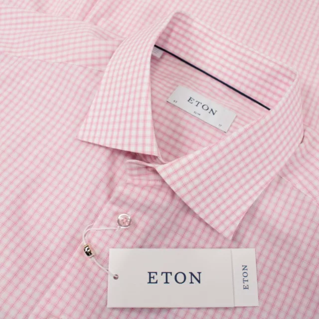 Eton NWT Dress Shirt Size 17 43 Slim In White & Pink Plaid W/ Light Pink Buttons