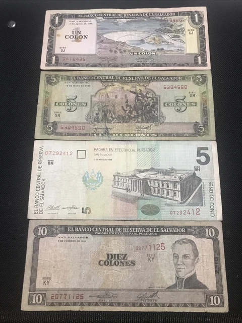 4 billetes salvadoreños 1 colon 1982-2de 5 colones 1990-1998-10 colones 1996