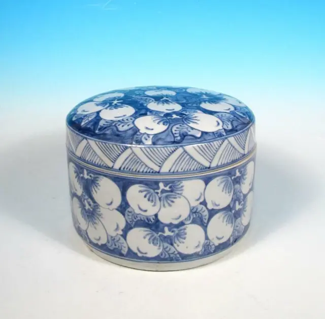Asian Chinese Thai Blue White Porcelain Lidded Round Box Hand Paint Peach Decor