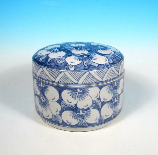 Asian Chinese Thai Blue White Porcelain Lidded Round Box Hand Paint Peach Decor