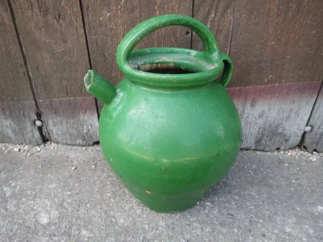 Ancien grand pot en terre cruche à anse chevrette art pop french antique pottery