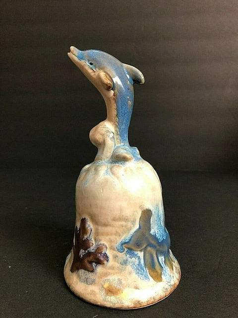 VTG Dolphin ceramic Art Pottery Majolica Bell with Beautiful Purpoise Head