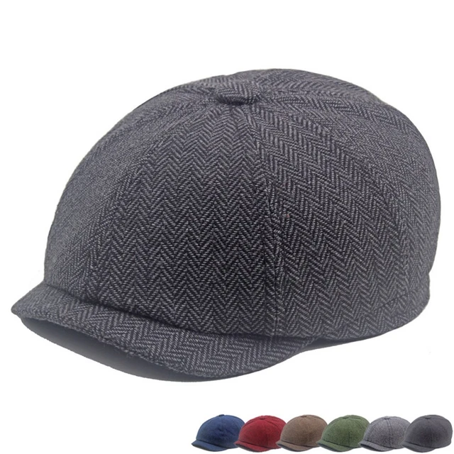Elegant Mens Ivy Hat Thicken Tweed Baker Boy Hat Herringbone Cap for Men