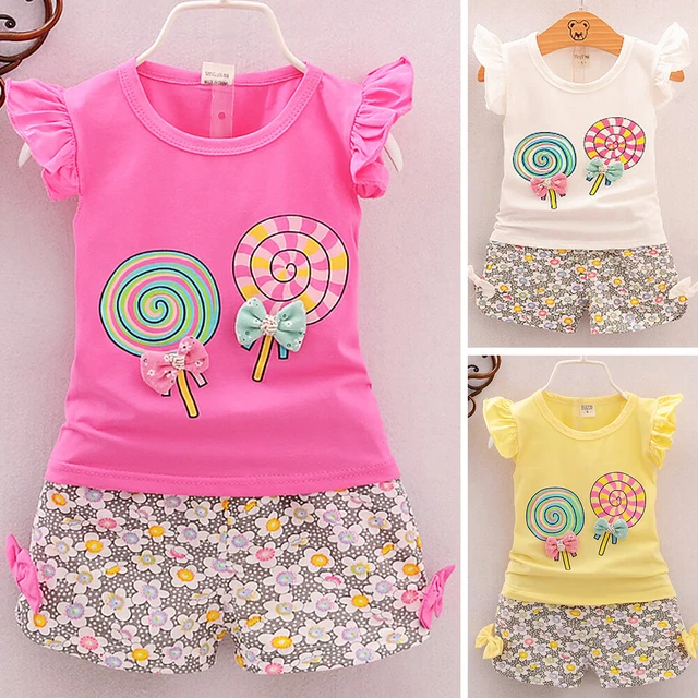 T-shirt bambino top + pantaloncini floreali pantaloni set vestiti abiti bambine 8