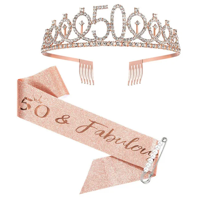 50th Birthday Crown Sash Set Tiara Party Accessories Kit Rose Gold Women Ladies
