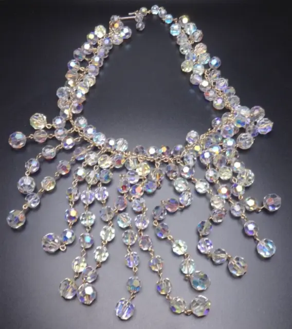 Vintage Aurora Borealis Dangling Crystals Statement Necklace 16" 1950's