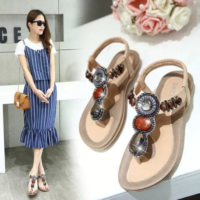 Women's Bohemian Flat Sandals Summer Casual Flip Flop Sandals Beach Dress Shoes