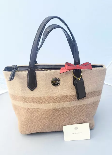 Coach Small Tote Bag Wool Blend Stripe F24786 Camel Brown Patent Trim EUC