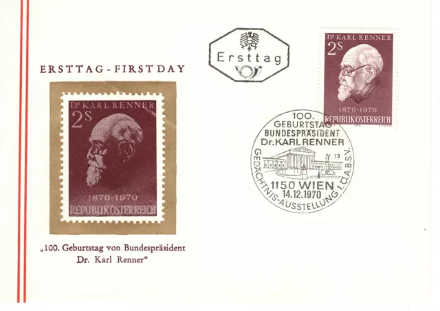 FDC Österreich 100. Geburtstag von Bundespräsident Dr. Karl Renner 1970