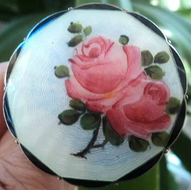 LARGE Norwegian Sterling Silver Rose Enamel Brooch - O.F. Hjortdahl Oslo Norway