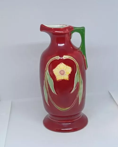 Antique France Ornate Majolica Yellow Flower Marked Burgandy Green Pitcher Vase