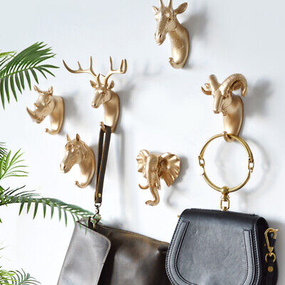 Animal Head Hook Resin Decorative Wall Hanger Bags Clothes Keys Holder Gold