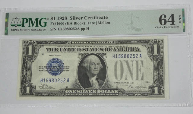 Series 1928 Blue Seal $1 Silver Certificate Note PMG 64 Ch Unc EPQ  Fr#1600