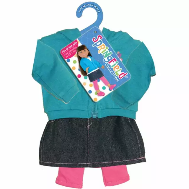 Springfield Collection Casual Outfit-Teal Hoodie Denim Skirt & Pants for18" Doll