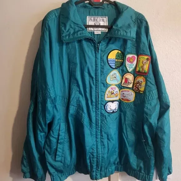 Vintage Girl Scouts Badges Jacket Sz XL Pacific Trail Teal Windbreaker