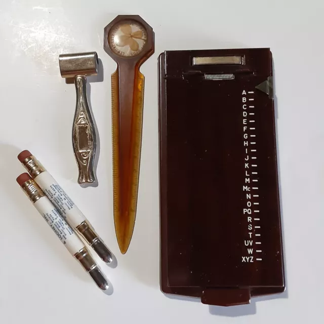 Vintage Desk Set Bates List Finder Envelope Opener Sharpener Pencils Address