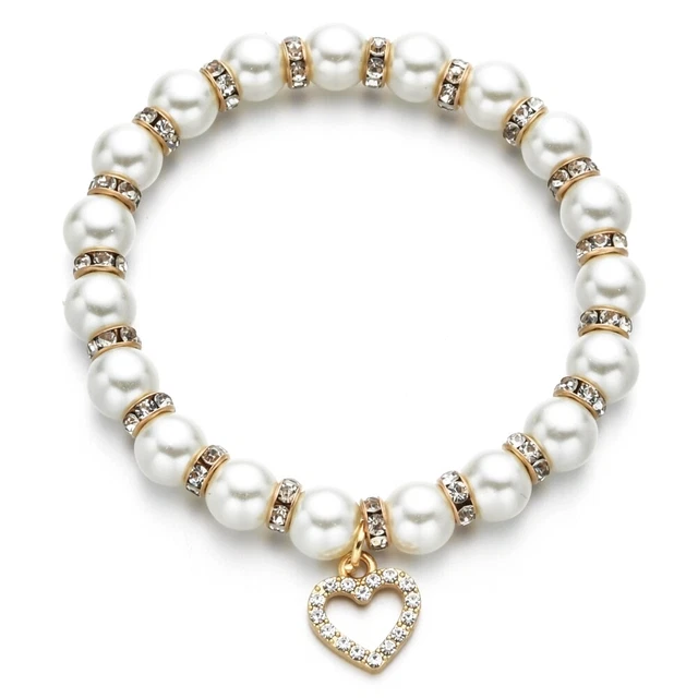 Arrmband mit Charms Anhänger Perlenarmband Gold Herz Strass Geschenk