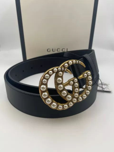 Gucci Belt Black Leather Pearl Gold Brass Double GG Buckle 90CM Fits 30-32 Pants