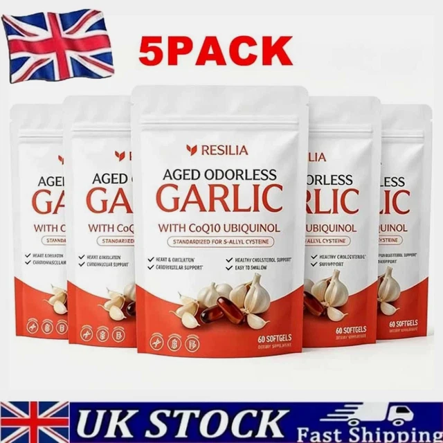 5PACK RESILIA GARLIC Extract 600mg Softgels-60ct-Odorless Aged Garlic ...