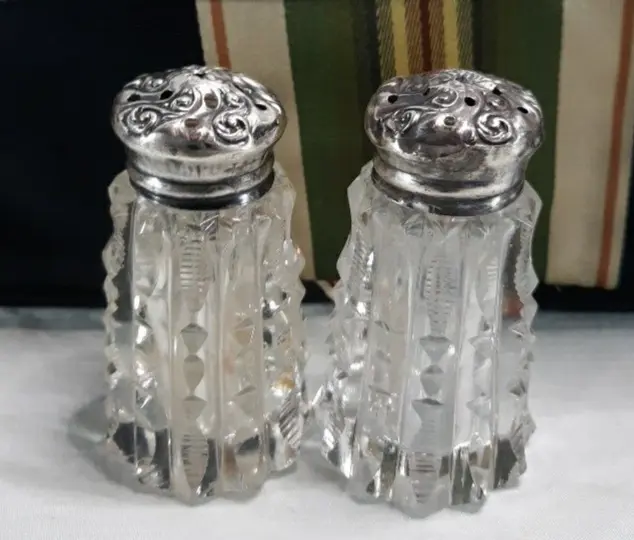 Antique Sterling Silver Glass Salt Pepper Shaker Unmarked American Brilliant Cut