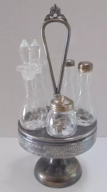 Gorgeous Antique Triple-Plate Castor - Cruet Set - Etched Glass
