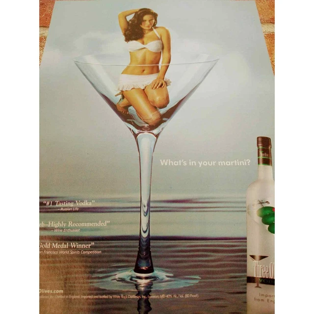 THREE OLIVES VODKA Woman in Bikini in Giant Martini Glass 2004 Vtg