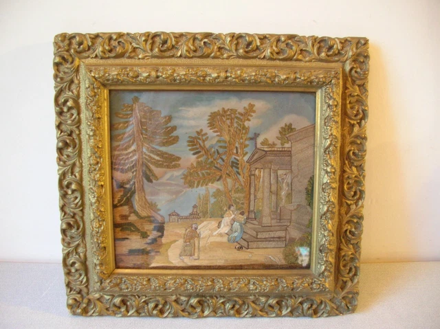 Ancien Tableau Brodé Sur Canevas, Cadre Curieux Avec Symboles Et Emblèmes, Made In France