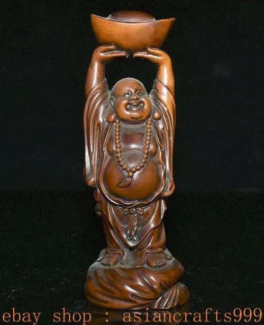 7,2" Alte China Buchsbaum Geschnitzt Happy Laugh Maitreya Buddha Yuanbao Statue