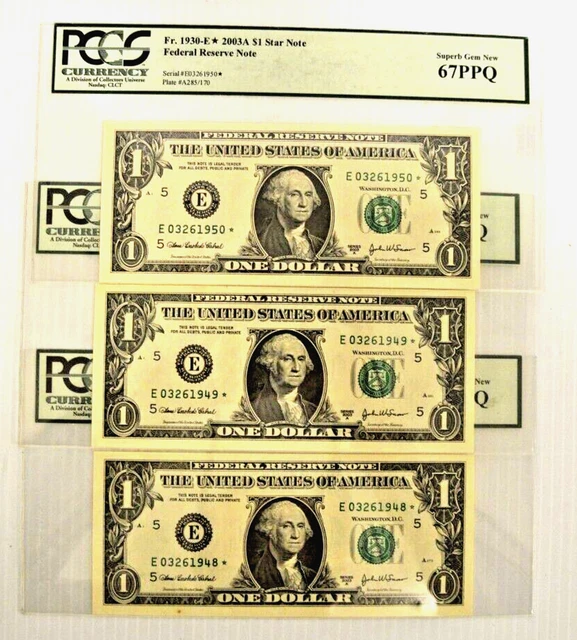 Pcgs Graded Ppq67,   (3)  Sequential Order  $1 Star Notes, Superb Gem New