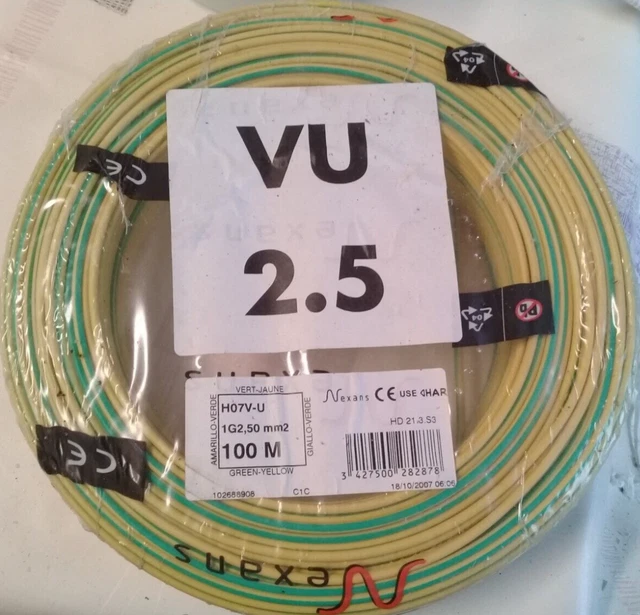 Fil électrique H07 V-r 6 Mm² 10 Mêtres Vert / Jaune