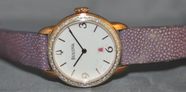 Bulova Ladies White Dial Diamond Accented Purple Genuine Leather Watch 98R196