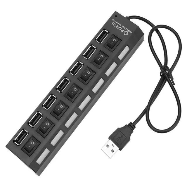 Multiprise Cable Cordon Adaptateur 7Port HUB USB 2.0 Splitter ON/OFF Switch Noir