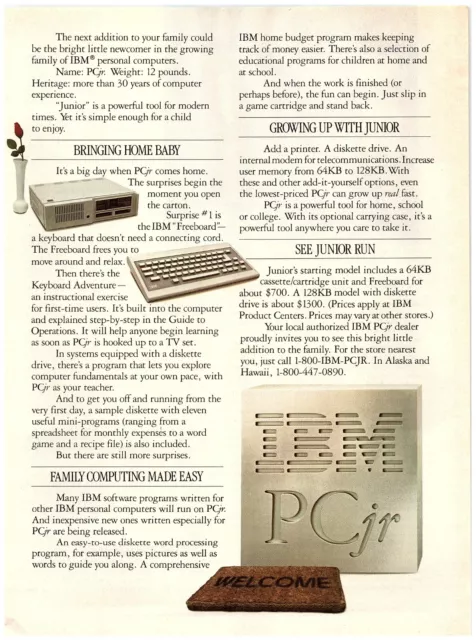 1984 IBM PC jr Vintage Print Ad PCjr Addition Family Freeboard Hook up to TV Set