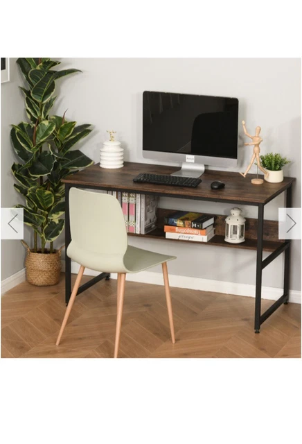 Writing Desk Metal Frame Two-Tier Smooth Shelves with Storage Shelf Rustic Brown