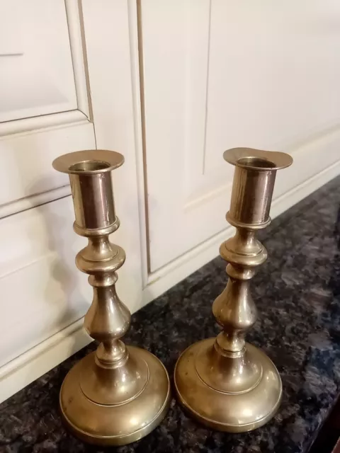 Antique / Vintage Pair Of solid Brass push Up Candlesticks Candle Holders 19.5cm