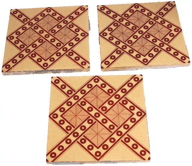 3 Minton & Co. Geometric Transfer Print Tiles c. 1850, Pattern #54 Tan & Red