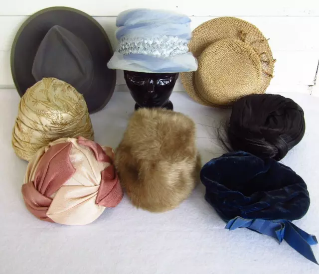 Vintage Hat Lot 8pc 1940 1950 Mr Johns Turban Feather Velvet Cloche Fur Veil