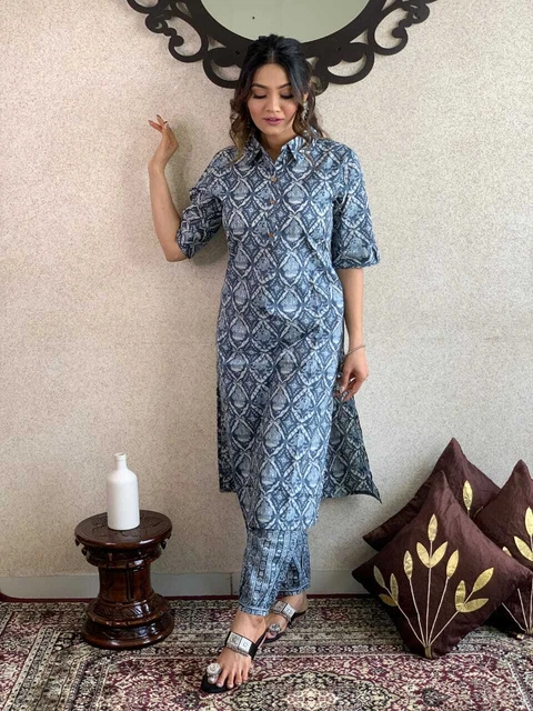 Women's Casual Wear Cotton Kurti Pant Set Indian Designer Salwar Kameez Clothes