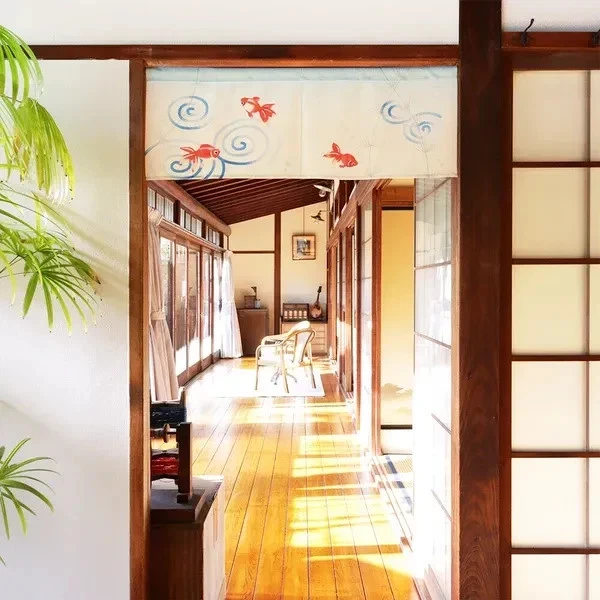 Rideau De Porte Japonais Noren LIGICKY - La Grande Vague De Kanagawa Avec Soleil Et Fleurs De Cerisier, Tapisserie Décorative 85x120 Cm Double Face