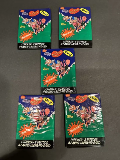 Topps 1993 Nicktoons Trading Cards-5 Sealed Packs-Stickers Tattoos Rugrats Doug