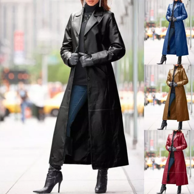 Women's Slim Coat Faux Leather Lapel Collar Single Breasted Long Trench Outwear