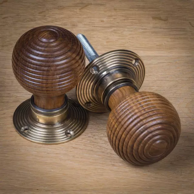 Beehive Door Knob | Natural Rosewood | Antique Brass Mortice | Pair New