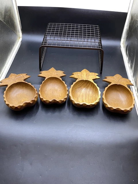 4 Vintage Monkey Pod Wood Pineapple Salad Bowls