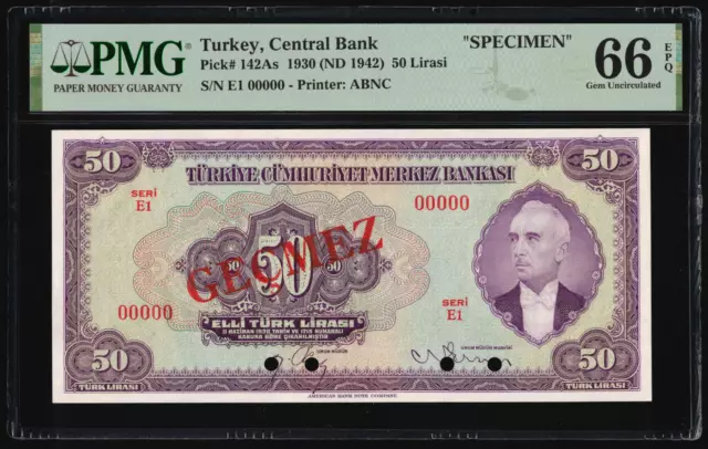 Turkey 1930 (ND 1942) - 50 Lirasi P#142As **Specimen** PMG Gem UNC 66 EPQ