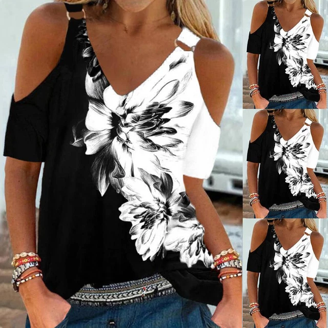 Women Cold Shoulder Floral Printed Top T Shirt Ladies V Neck Short Sleeve Blouse