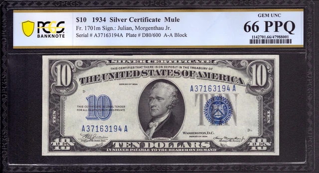 1934  $10 SILVER CERTIFICATE NOTE AA BLOCK FR.1701m MULE PCGS B GEM UNC 66 PPQ