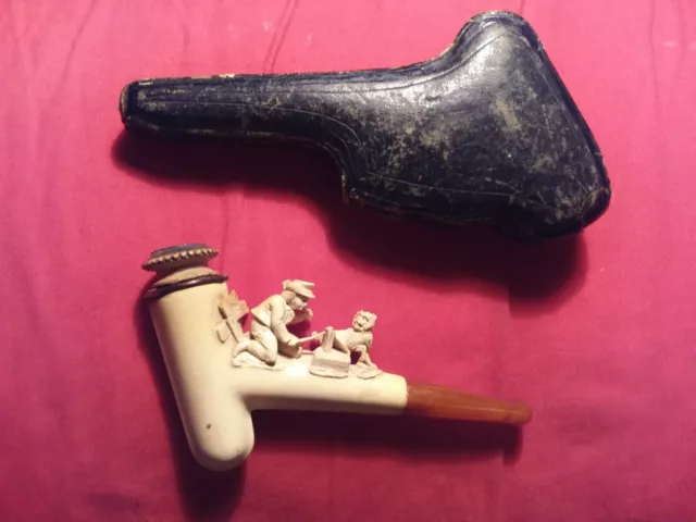 Antike Peife Meerschaumpfeife Handwerker Zimmermann Hund Bernstein Etui Nr.42